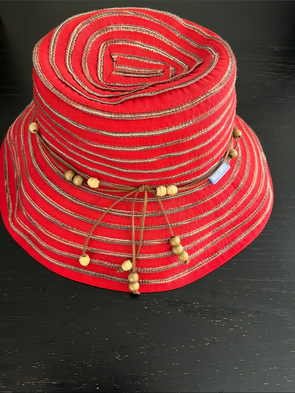Wallaroo Label Red Striped Bucket Hat with Wooden Bead Tie, adjustable,
0S